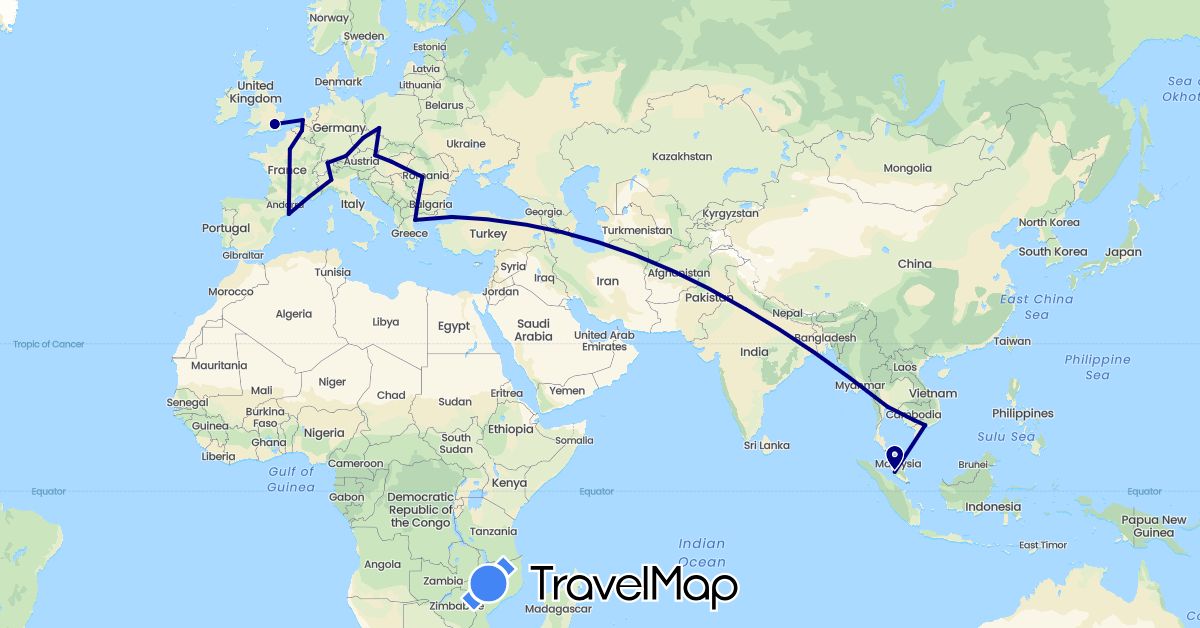 TravelMap itinerary: driving in Austria, Belgium, Bulgaria, Switzerland, Czech Republic, Germany, Spain, France, United Kingdom, Greece, Hungary, India, Italy, Cambodia, Malaysia, Netherlands, Poland, Romania, Thailand, Turkey, Vietnam (Asia, Europe)